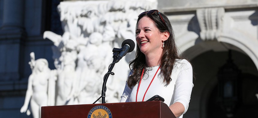 State Rep. Stephanie Borowicz delivers a speech during a rally at the Pennsylvania state Capitol.