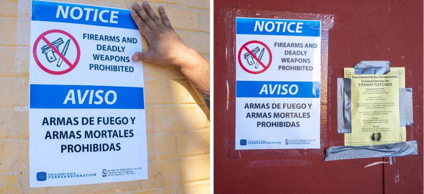 Notices hang on a wall at a Philadelphia recreation center, warning patrons to keep out dangerous weapons.