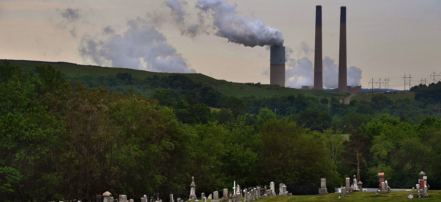 The Elderton Cemetery is in the foreground as The Keystone Generating Station (a coal-fired power plant in Plumcreek Township) looms in the distance.