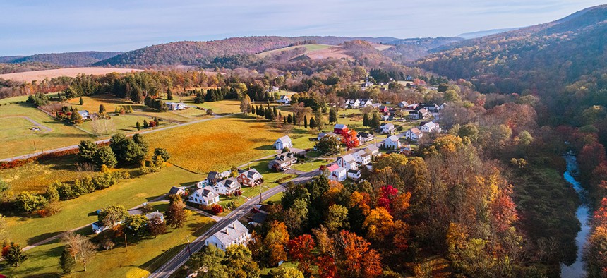 Aerial drone view on the small town Kunkletown, Poconos, Pennsylvania, in the fall.