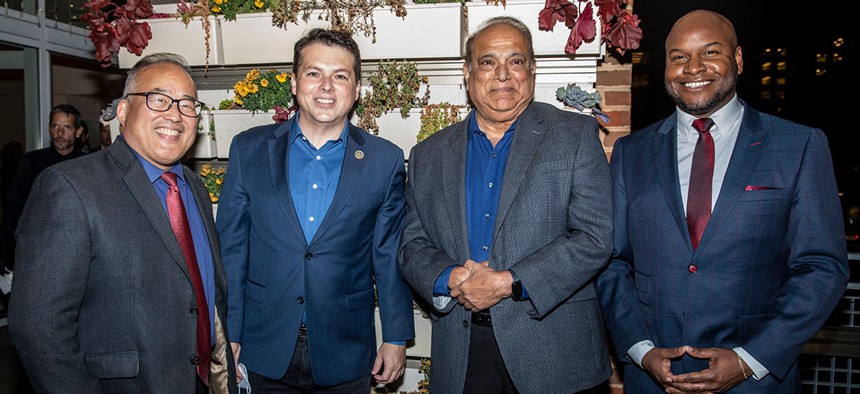 (L to R:) Philadelphia City Councilmember David Oh, U.S. Rep. Brendan Boyle, Asian American Chamber of Commerce President Narasimha Shenoy and Visit Philadelphia CEO Michael Newmuis. 