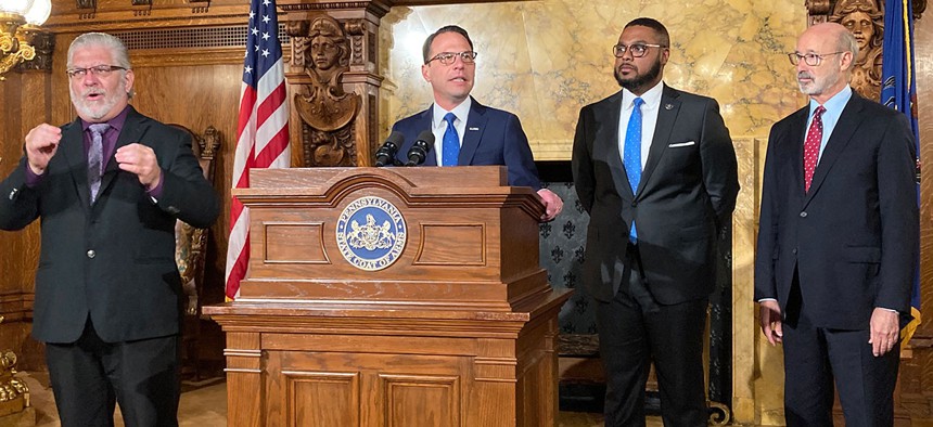 Gov.-elect Josh Shapiro, Lt. Gov.-elect Austin Davis and Gov. Tom Wolf hold a press conference on the gubernatorial transition.