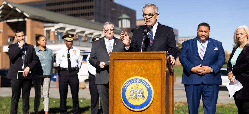 Philadelphia DA Larry Krasner speaks to reporters on Independence Mall about his offices Election Task Force and Election Day security in Philadelphia in early November.