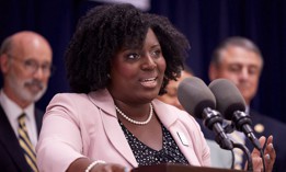 House Democratic Leader Joanna McClinton speaks at a press conference on Aug. 25, 2022.