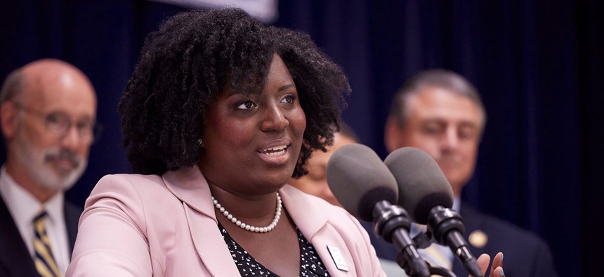 House Democratic Leader Joanna McClinton speaks at a press conference on Aug. 25, 2022.