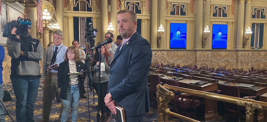 House Republican Leader Bryan Cutler speaks to reporters on the floor of the Pennsylvania House of Representatives.