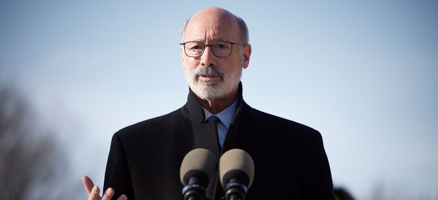 Outgoing Gov. Tom Wolf speaks at a press conference in Pittsburgh in December 2022.