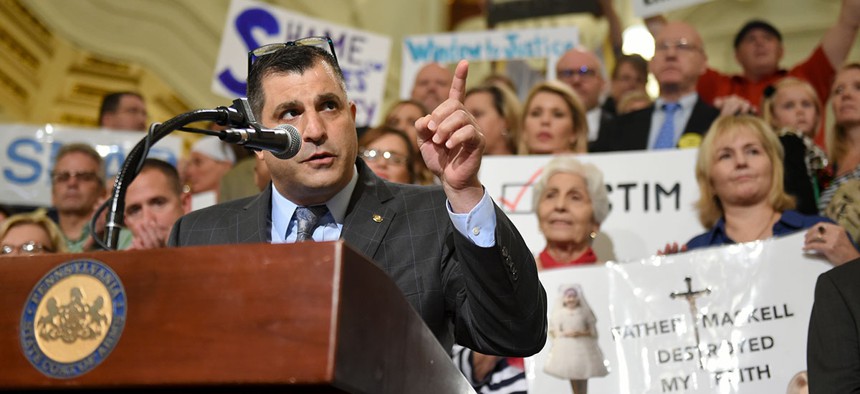 Mark Rozzi leads a rally in the Capitol to support a two-year “window to justice” for childhood sexual abuse victims.