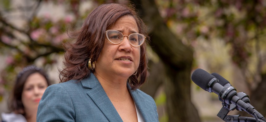 Pennsylvania Legislative Black Caucus Chair Donna Bullock speaks at a Juneteenth press conference last year. 