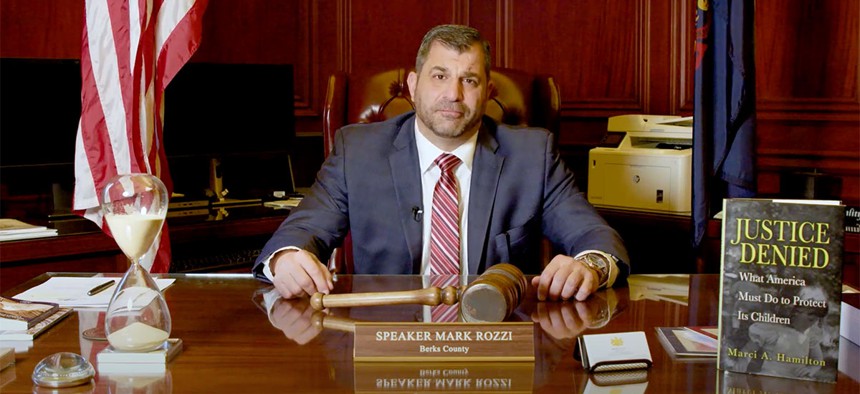 Mark Rozzi speaks during a video message.