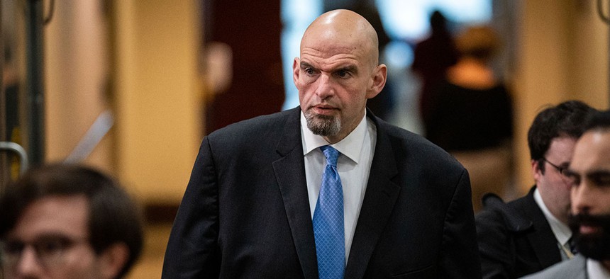 Sen. John Fetterman departs a closed-door, classified briefing for Senators at the U.S. Capitol on Tuesday, Feb. 14, 2023 in Washington, DC.