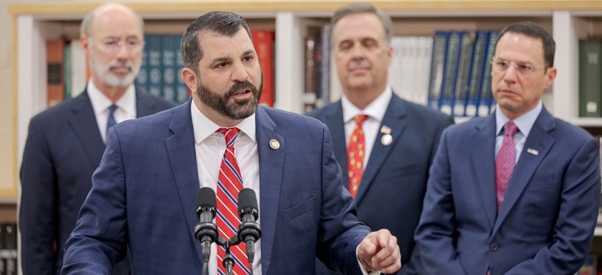 State Rep. Mark Rozzi speaks during a 2019 press conference on statute of limitations reform.