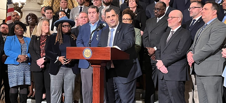 House Speaker Mark Rozzi talks during a press conference in the state Capitol.