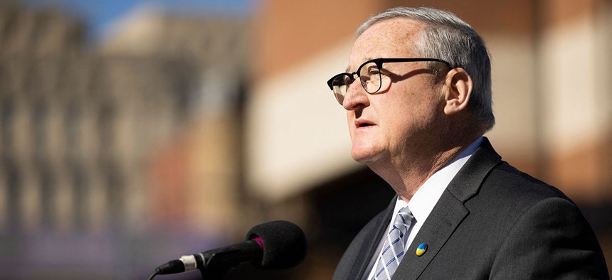 Philadelphia Mayor Jim Kenney speaks to reporters on Independence Mall