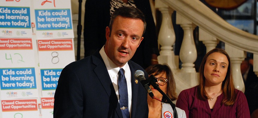 Democratic state Rep. Mike Zabel speaks at a press conference in the Pennsylvania Capitol.