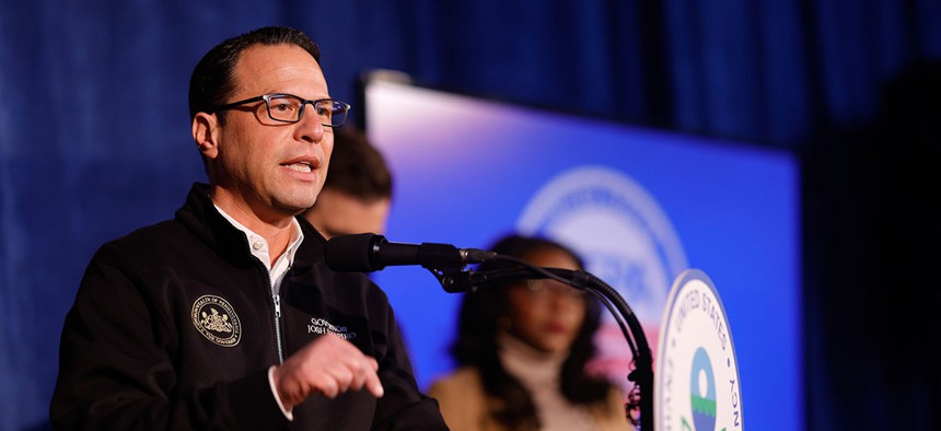 Pennsylvania Gov. Josh Shapiro speaks at a press conference regarding the East Palestine crash.