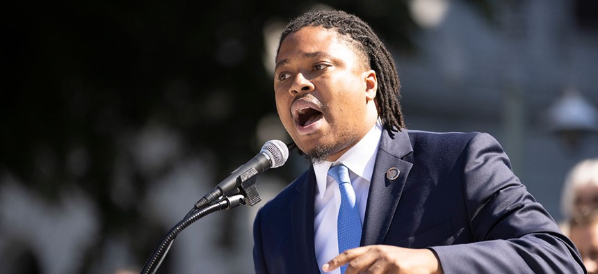 State Rep. Malcolm Kenyatta speaks at a press conference on protections for LGBTQ protections. 