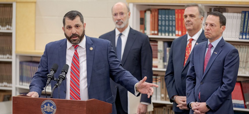 State Rep. Mark Rozzi speaks during a press conference inside Muhlenberg High School in November 2019.