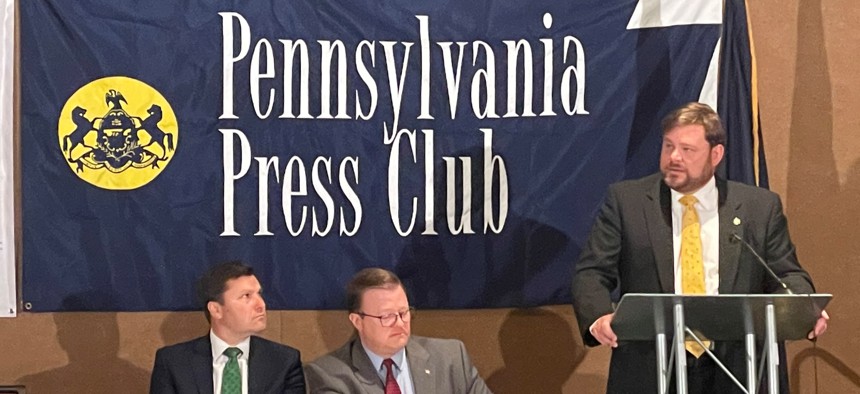 Pennsylvania Senate Majority Leader Joe Pittman speaks at a Pennsylvania Press Club luncheon in Harrisburg.