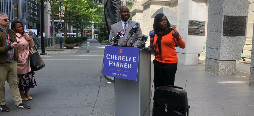 Derek Green and Cherelle Parker speak to the press outside Philadelphia City Hall on Tuesday, April 25.