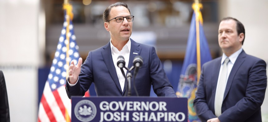 Gov. Josh Shapiro speaks in Harrisburg on April 25.