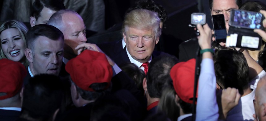 Donald J. Trump greets supporters at his election night event in New York on Nov. 8, 2016.