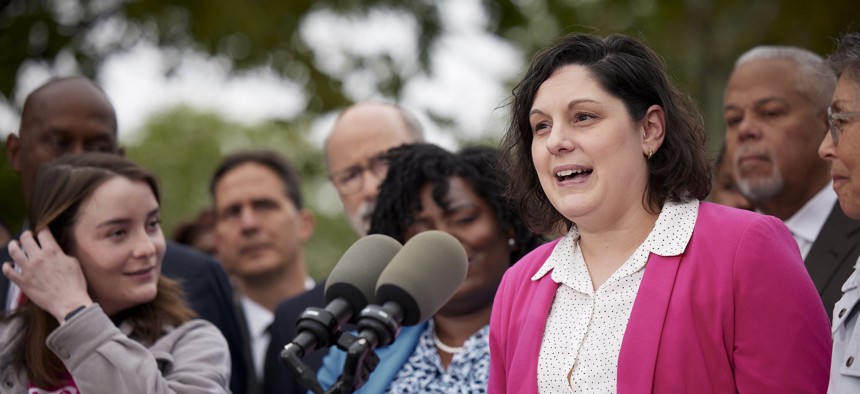 State Sen. Amanda Cappelletti speaks at a press conference in Philadelphia in May 2022.