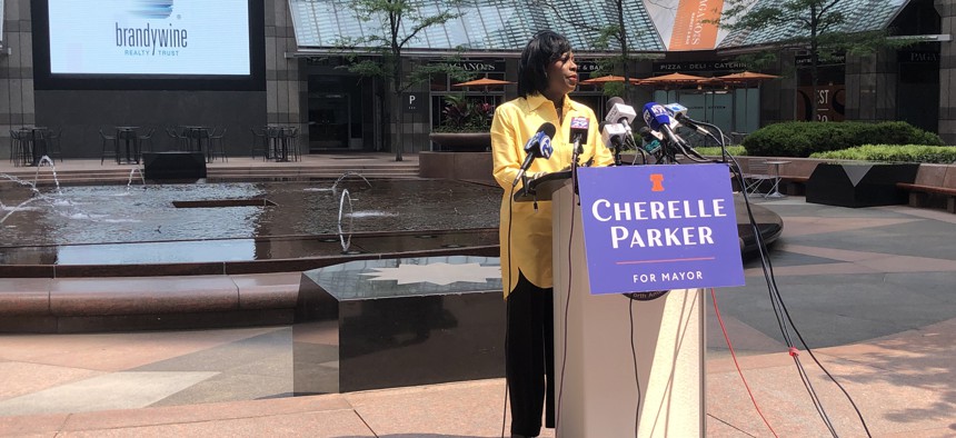 Cherelle Parker speak to the press in Philadelphia