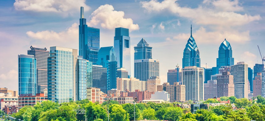 Skyline of downtown Philadelphia, Pennsylvania on a sunny summer day.