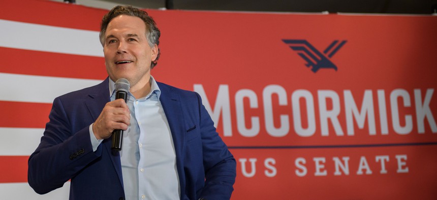 Republican Senate candidate Dave McCormick speaks to supporters at the Indigo Hotel during a primary election night event on May 17, 2022 in Pittsburgh.