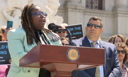 State Reps. La’Tasha Mayes and Mark Rozzi speak on the Capitol steps