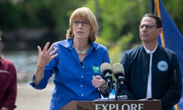 Secretary of Conservation & Natural Resources Cynthia Dunn speaks at a May 2023 press conference at Lehigh Gorge State Park.