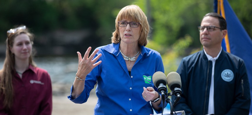 Secretary of Conservation & Natural Resources Cynthia Dunn speaks at a May 2023 press conference at Lehigh Gorge State Park.
