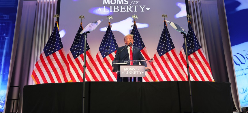 Republican presidential candidate former U.S. President Donald Trump speaks during the Moms for Liberty summit at the Philadelphia Marriott Downtown on June 30.