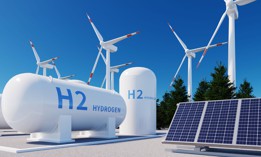A hydrogen energy storage system alongside a solar power plant and wind turbines.