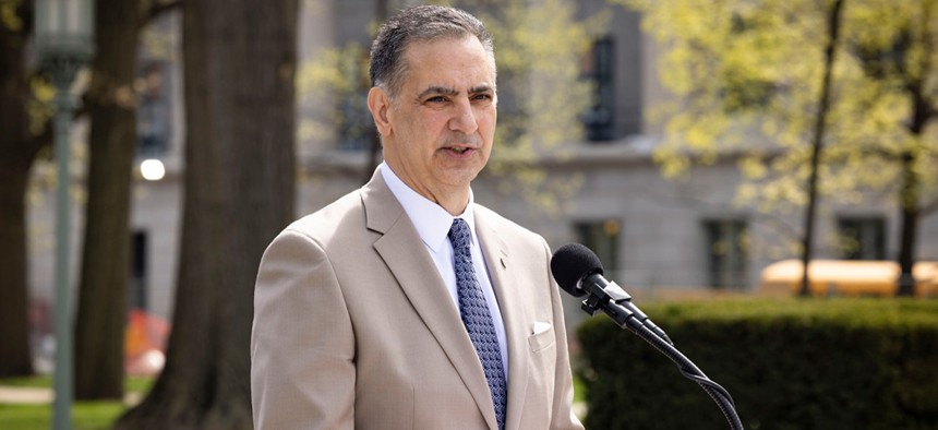 Pennsylvania Secretary of Environmental Protection Rich Negrin speaks at a press conference outside the state Capitol. 