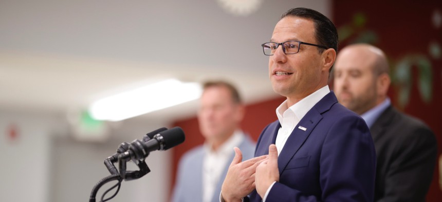 Gov. Josh Shapiro speaks during a press conference in Erie County.