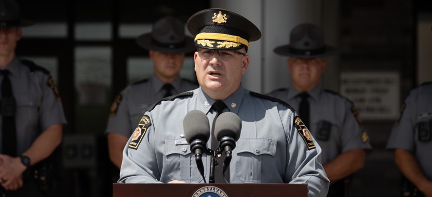 Pennsylvania State Police Commissioner Christopher Paris speaks at a press conference in Harrisburg. 