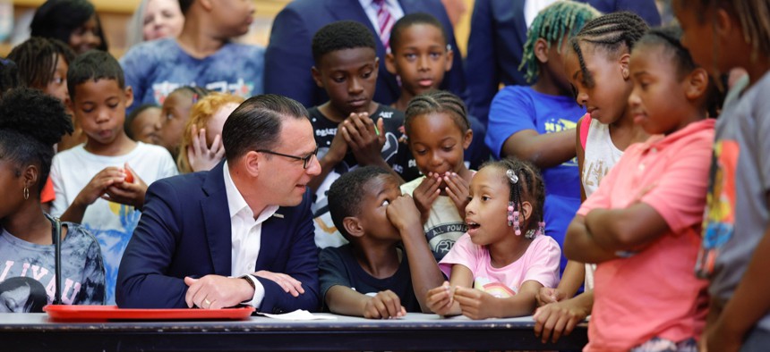 Gov. Josh Shapiro speaks with students at Penn Hills Elementary School in Pittsburgh.