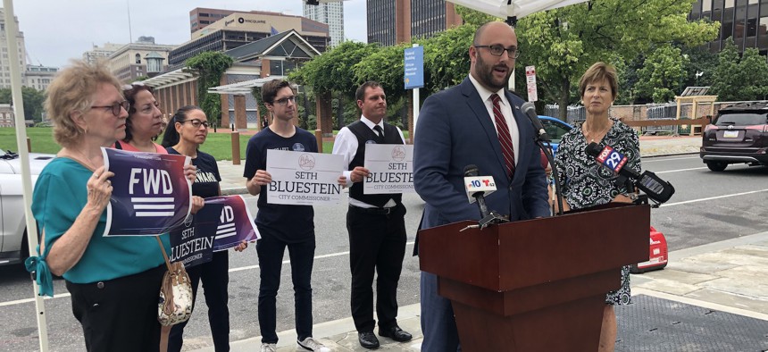Seth Bluestein announces his Forward Party affiliation outside the National Constitution Center in Philadelphia