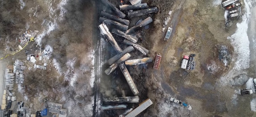 Aerial view of the train derailment wreckage in East Palestine, Ohio, Feb. 5, 2023
