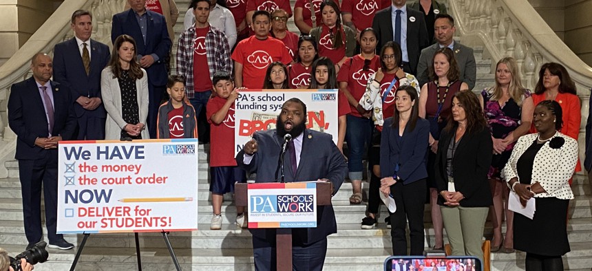 House Majority Appropriations Committee Chair, Representative Jordan Harris, speaks at a PA Schools Work campaign press conference in the Capitol Rotunda on June 13, 2023.