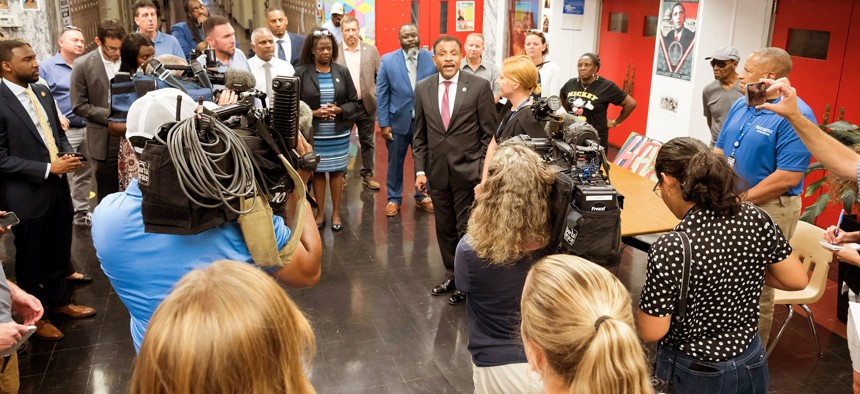 School District of Philadelphia Superintendent Tony Watlington discusses school funding in July at South Philadelphia High School