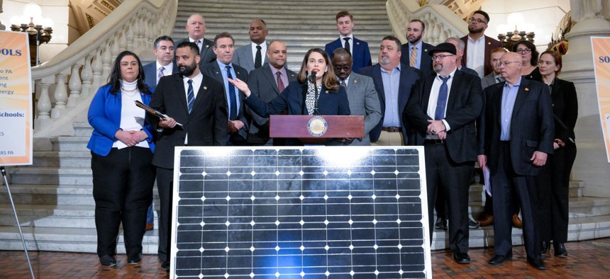 State Rep. Elizabeth Fiedler held a press conference with legislative colleagues and labor, educational and environmental leaders to introduce legislation to create a grant program called Solar for Schools.