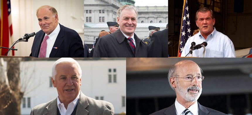 Former Pennsylvania Govs. Ed Rendell, Mark Schweiker, Tom Ridge, Tom Corbett and Tom Wolf.