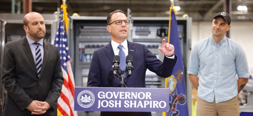 Gov. Josh Shapiro speaks during a press conference at PennAir in York.