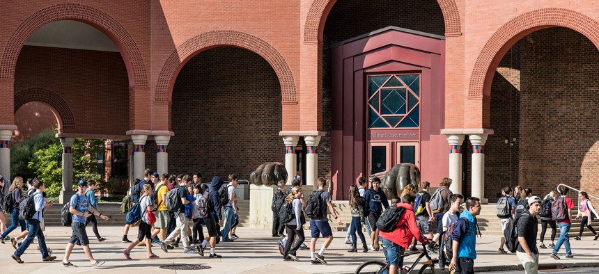 Students between class at Penn State University.