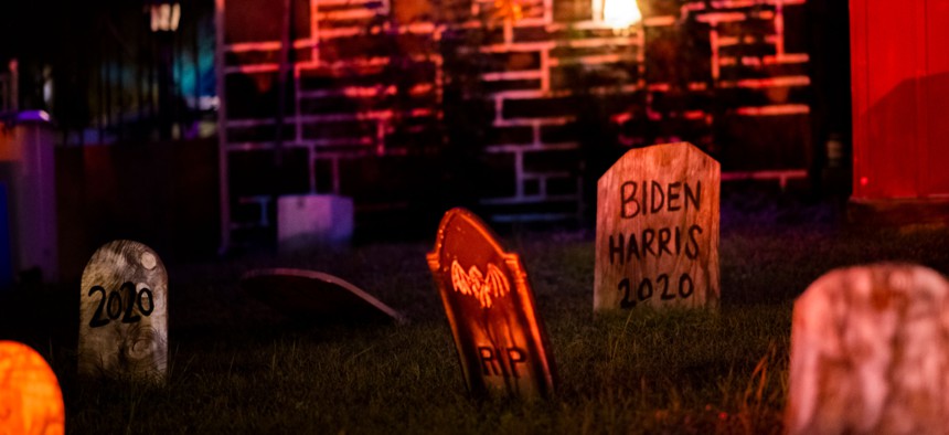 A residence's graveyard themed display on the day before Halloween on October 30, 2020 in Philadelphia.