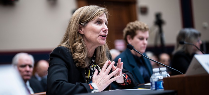 Liz Magill testifies during a House Education and Workforce Committee Hearing on holding campus leaders accountable and confronting antisemitism on Dec. 05, 2023