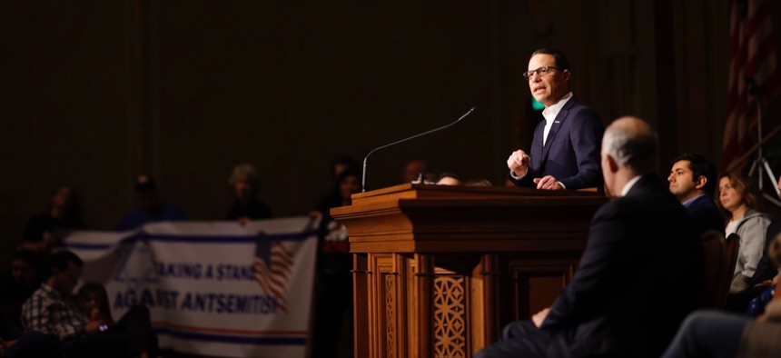 Gov. Josh Shapiro speaks at a rally against antisemitism in Philadelphia.
